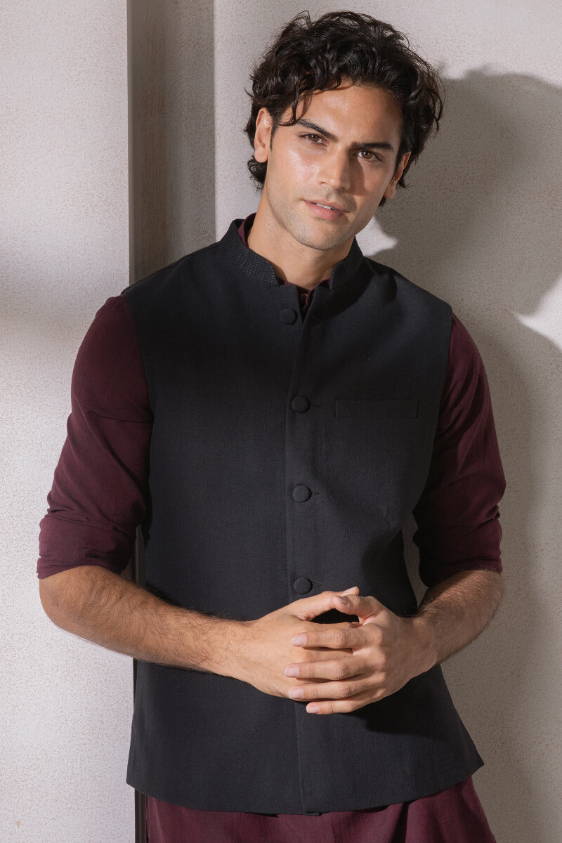 Black Handcrafted Handloom Nehru Jacket