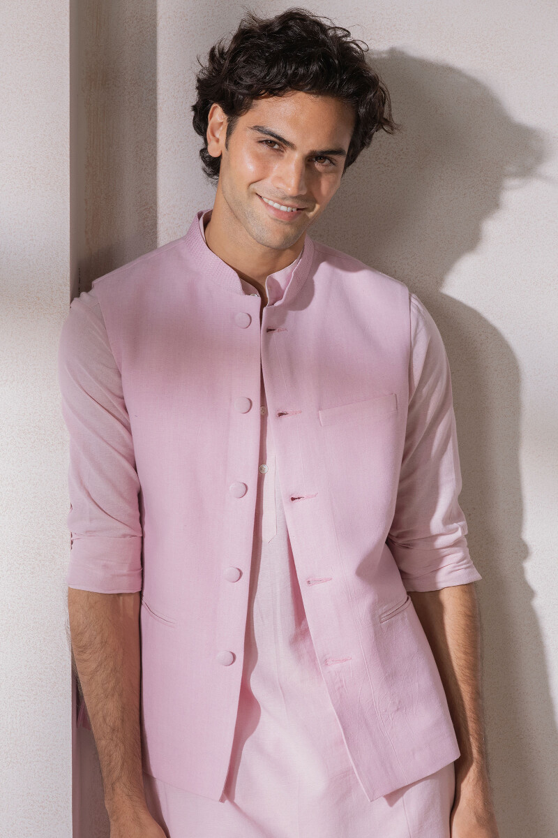 Buy Pink Handcrafted Handloom Nehru Jacket for Men FGMNJ21 11 Farida Gupta