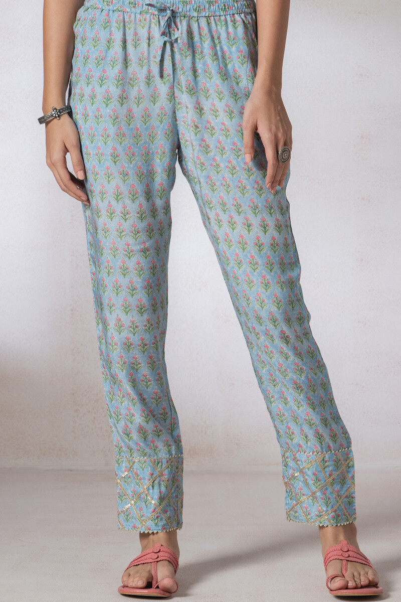 Blue Block Printed Modal Narrow Pants