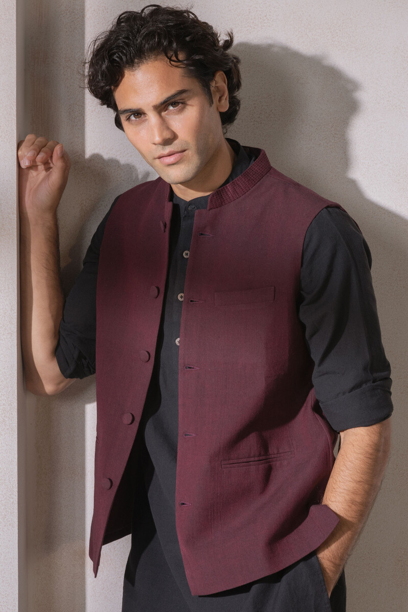 Buy Maroon Handcrafted Handloom Nehru Jacket for Men FGMNJ21 09 Farida Gupta