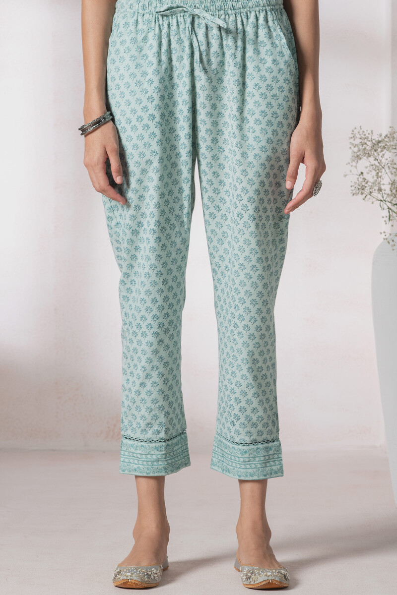 Blue Block Printed Cotton Flex Pants