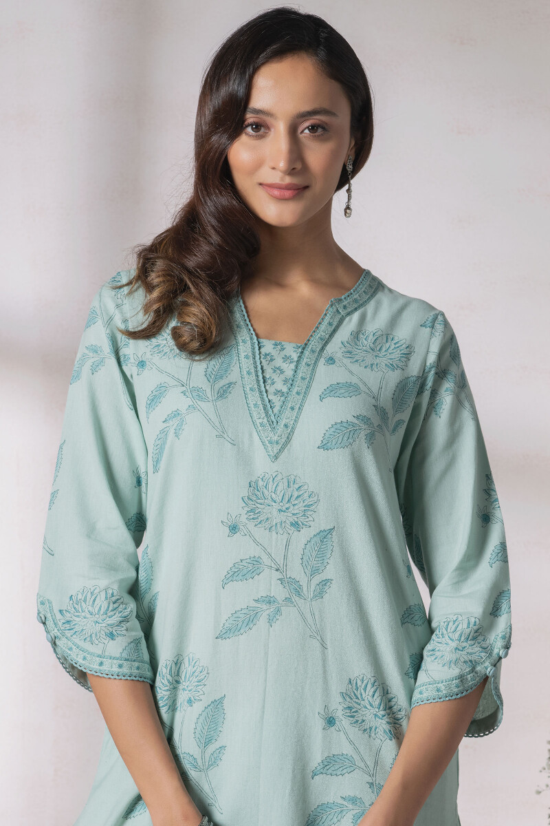 Blue Block Printed Straight Cotton Kurta