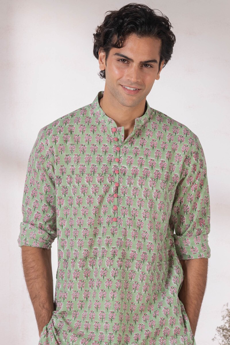 Green Block Printed Cotton Kurta