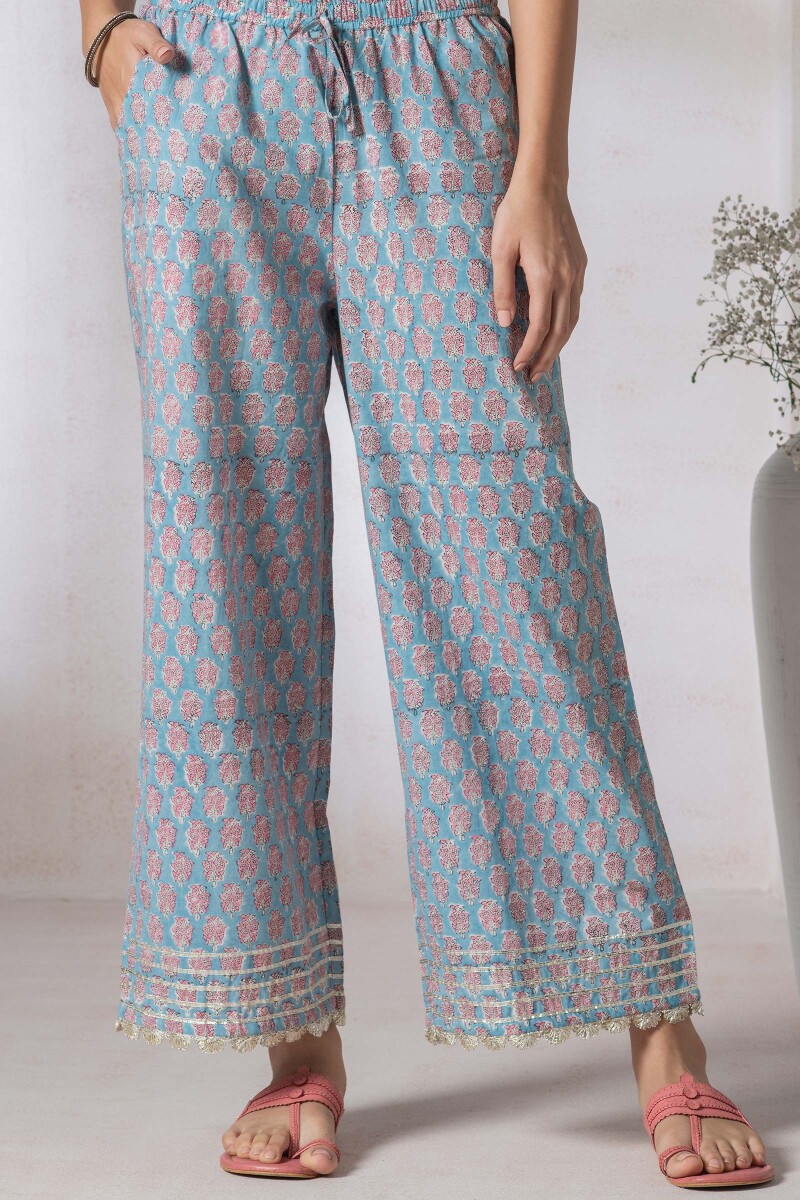 Blue Block Printed Cotton Farsi Pants