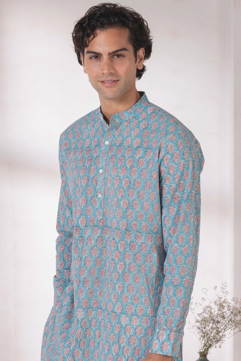 Blue Block Printed Cotton Kurta