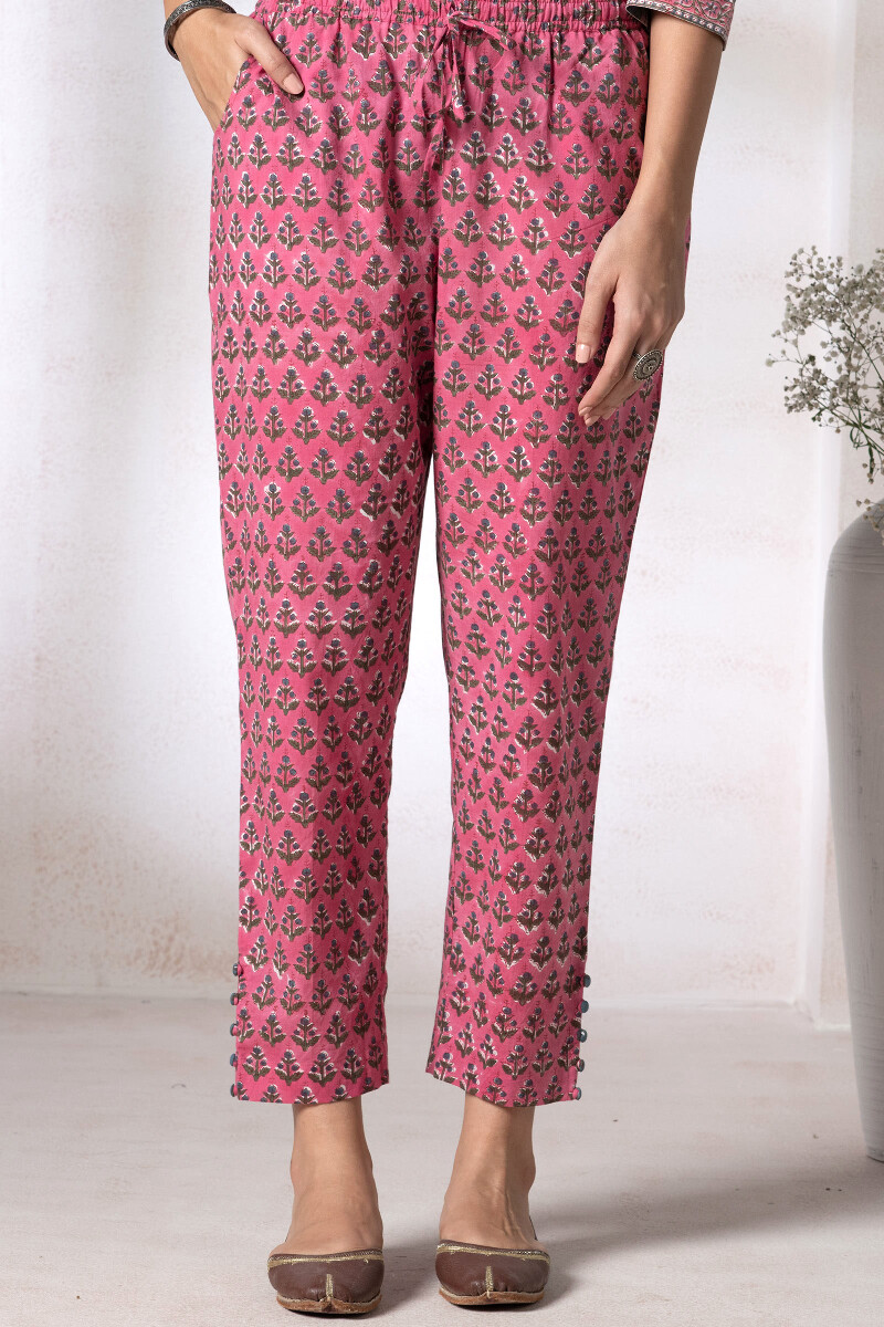 Pink Block Printed Cotton Narrow Pants