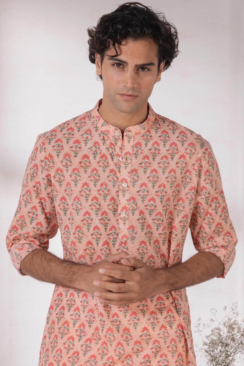 Peach Block Printed Cotton Kurta