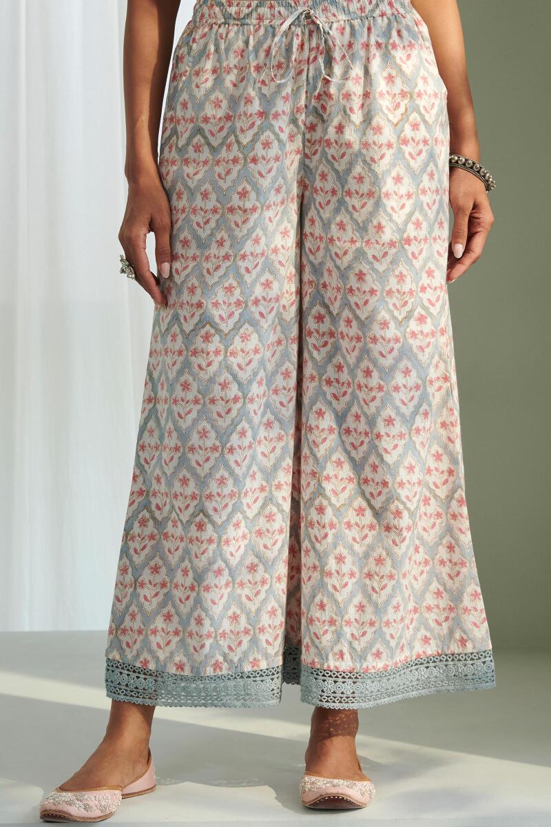 Grey Block Printed Cotton Palazzo Pants