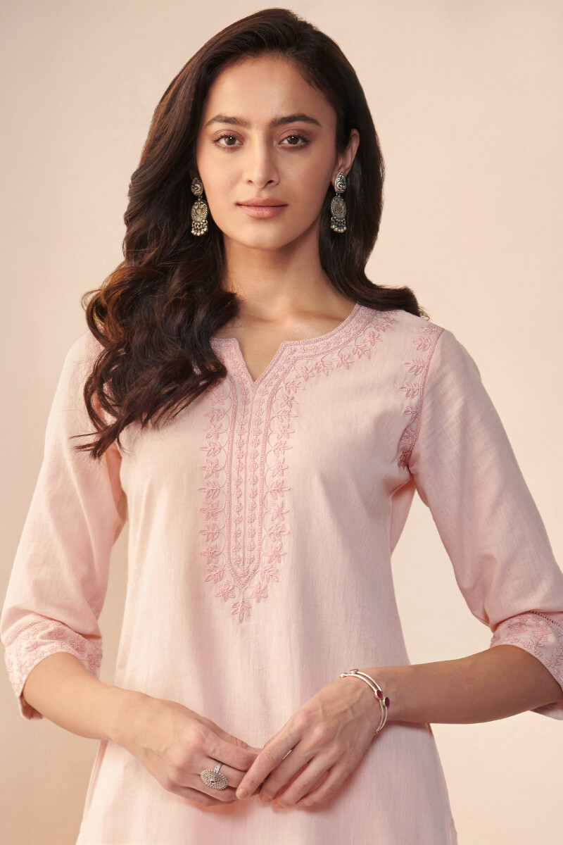 Pink Handcrafted Straight Cotton Kurta