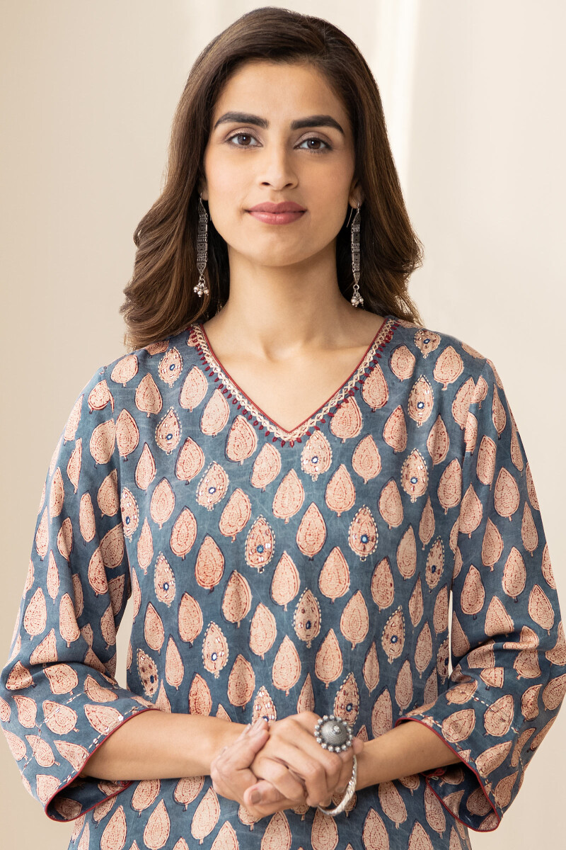 Blue Hand Block Printed Straight Modal Kurta