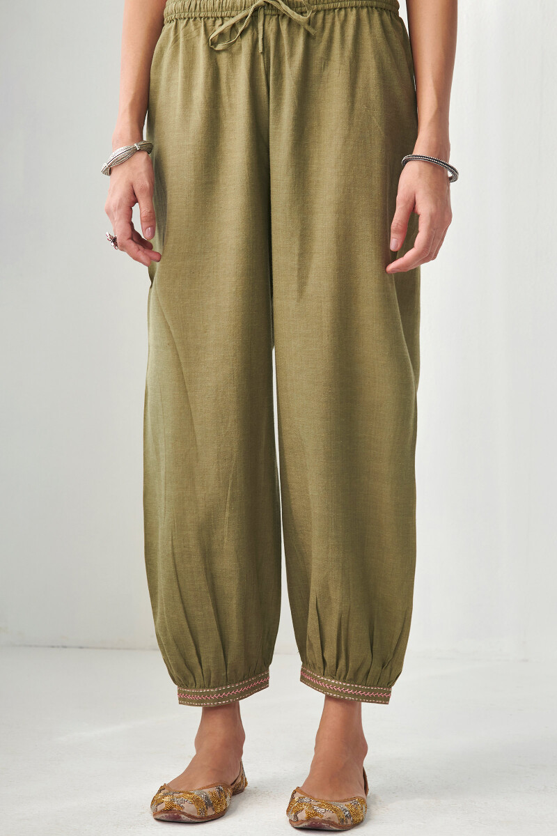 Green Handcrafted Cotton Izhaar Pants