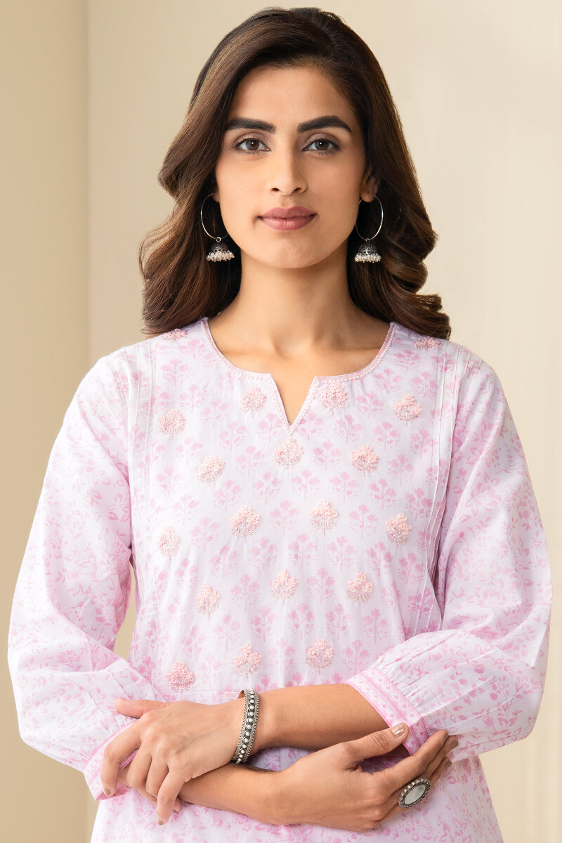 Pink Hand Block Printed Straight Cotton Kurta