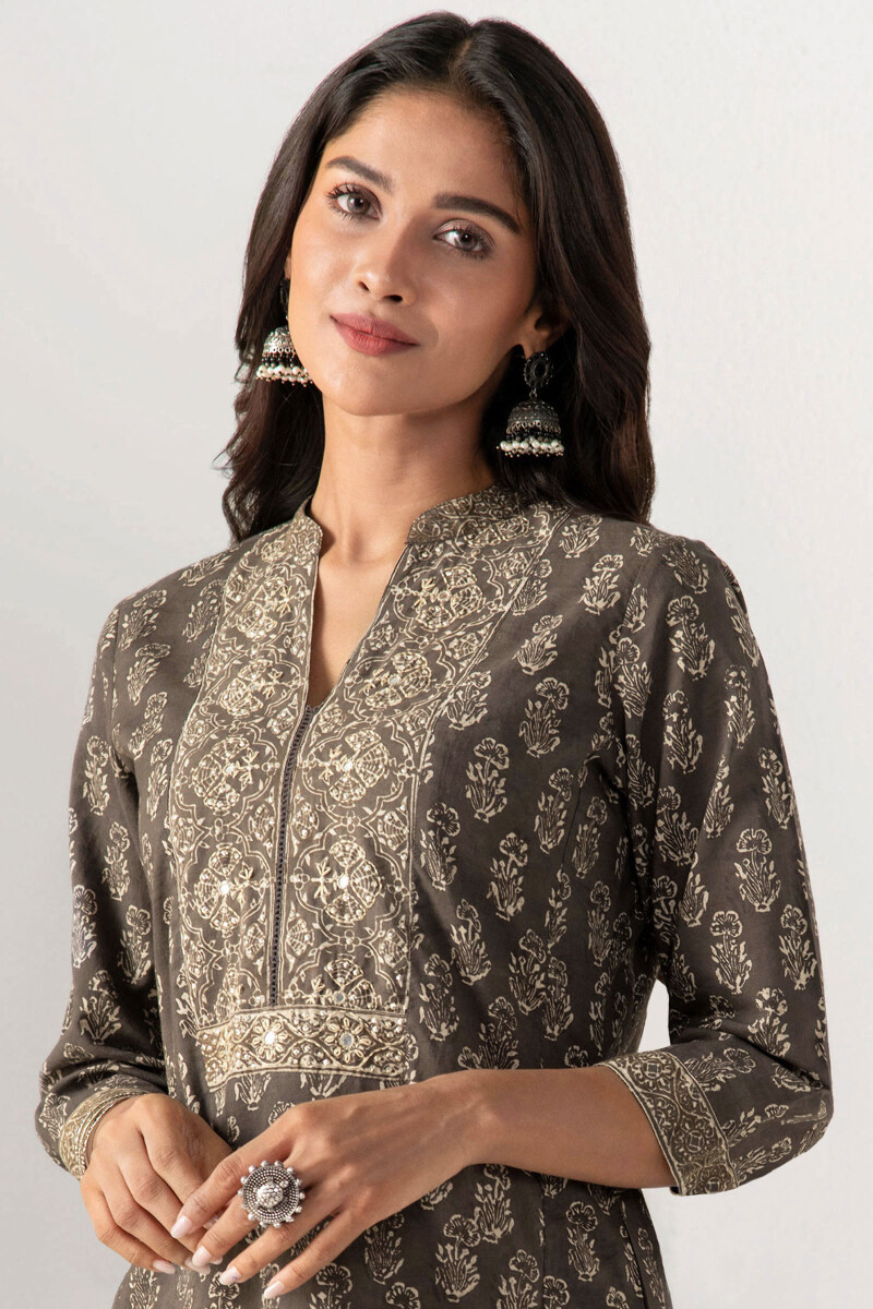 Brown Hand Block Printed Straight Cotton Kurta