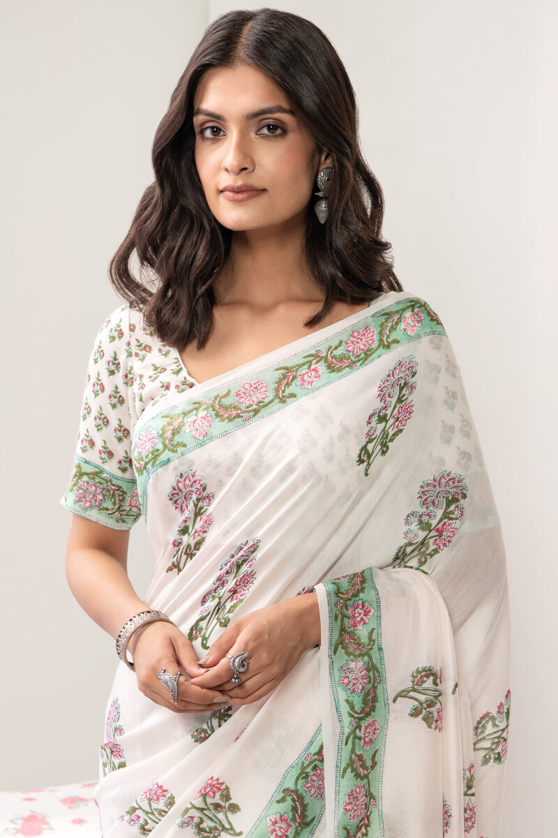 White Hand Block Printed Chanderi Saree