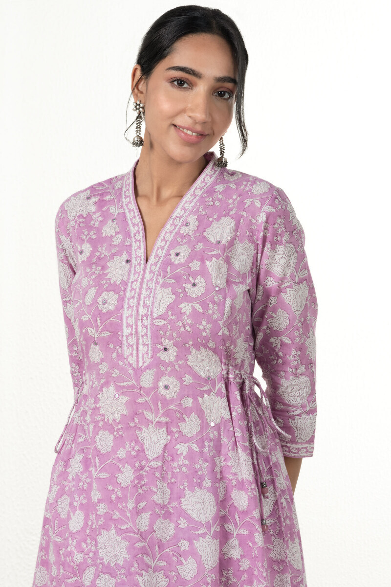 Purple Block Printed A-Line Cotton Kurta