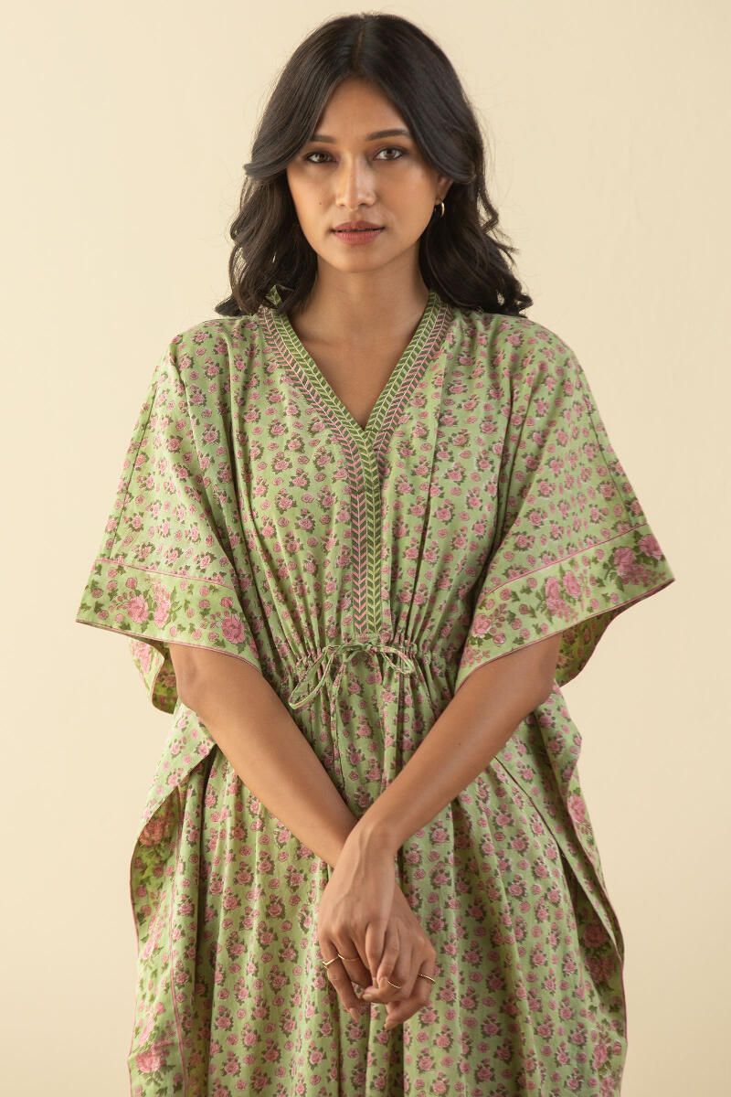 Green Block Printed Cotton Kaftan