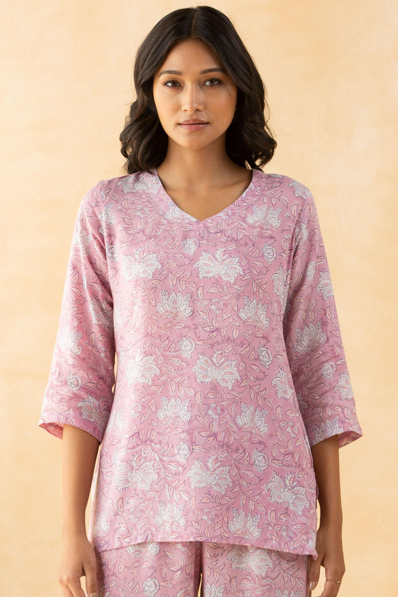 Purple Block Printed Cotton Modal Pyjama Set