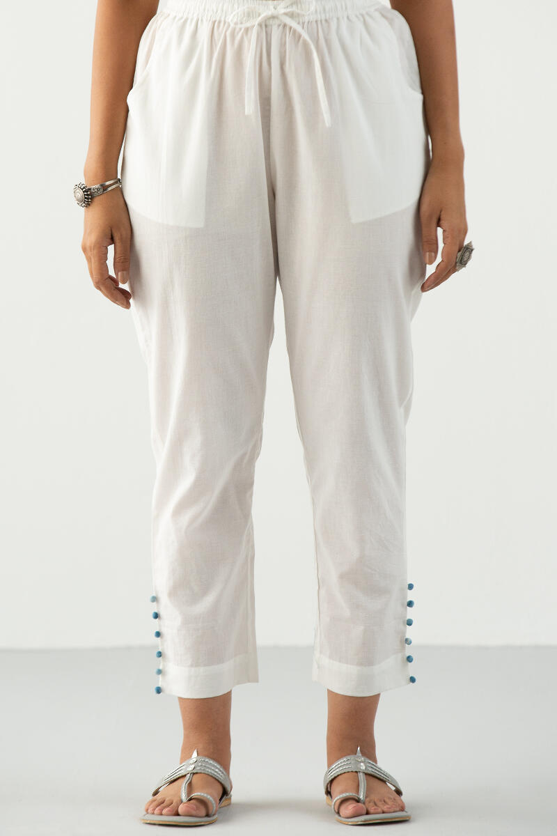 White Handcrafted Cotton Narrow Pants