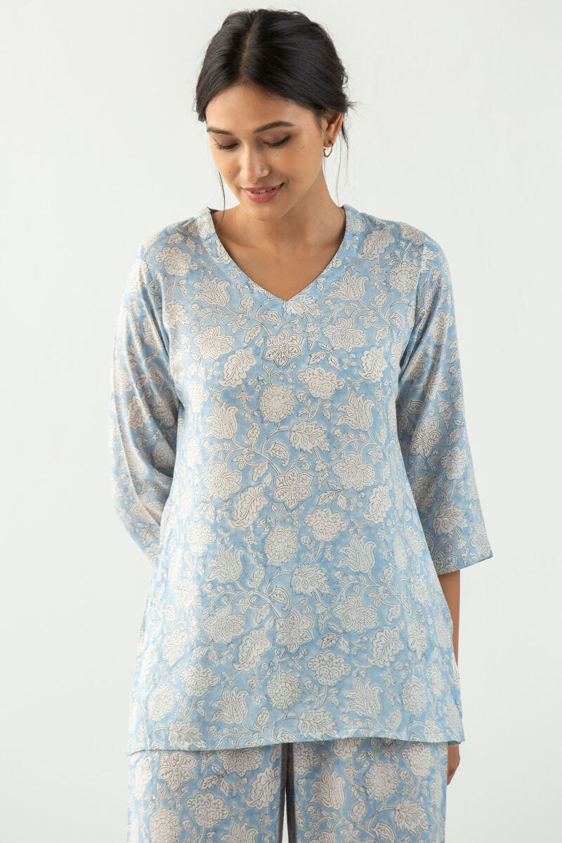 White Block Printed Cotton Modal Pyjama Set