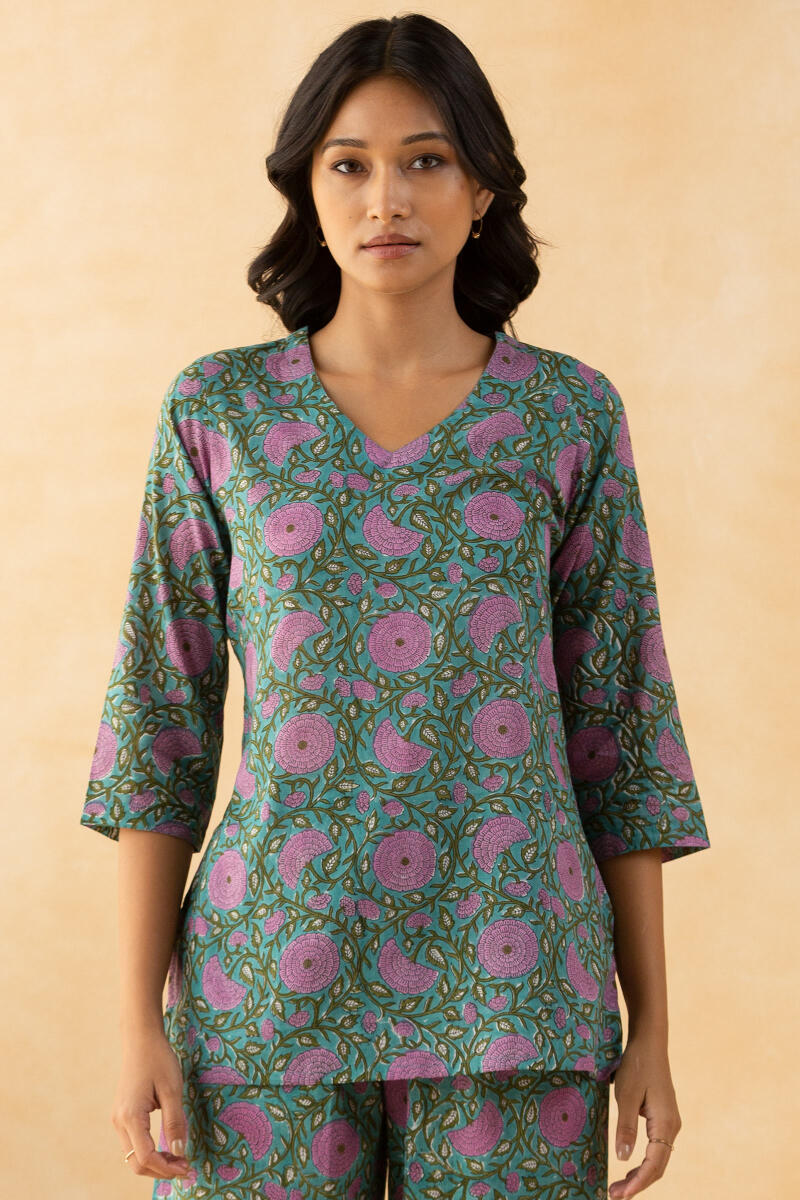 Green Block Printed Cotton Pyjama Set