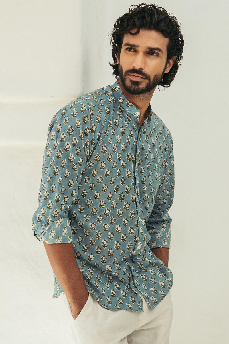 Turquoise Block Printed Cotton Shirt