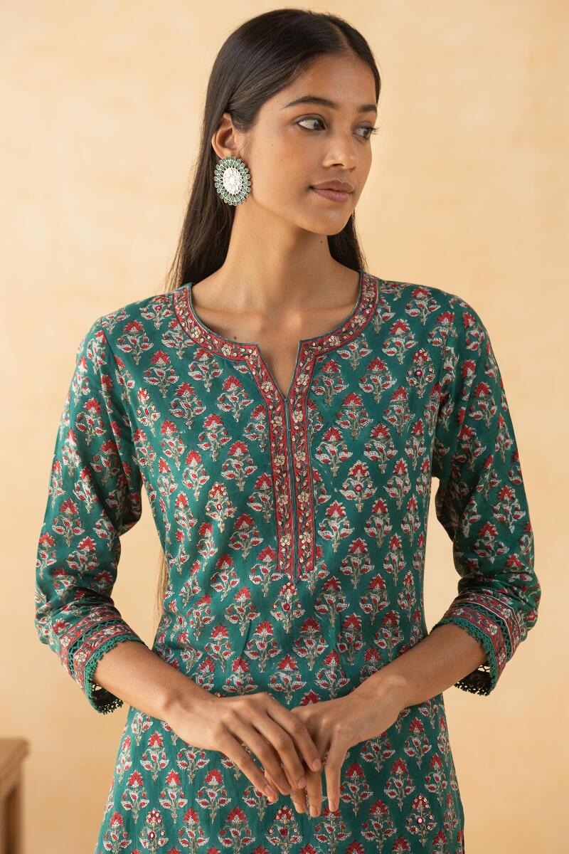 Green Block Printed Straight Cotton Kurta