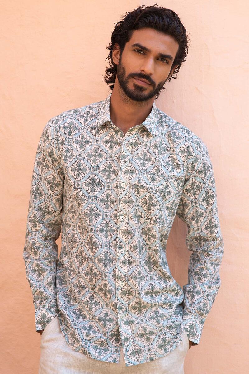 Grey Block Printed Cotton Shirt