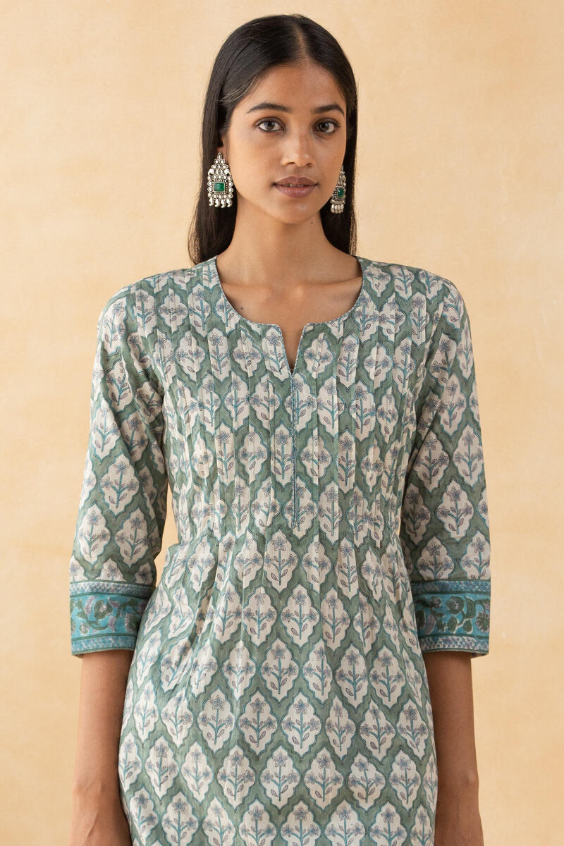 Green Block Printed Straight Cotton Kurta