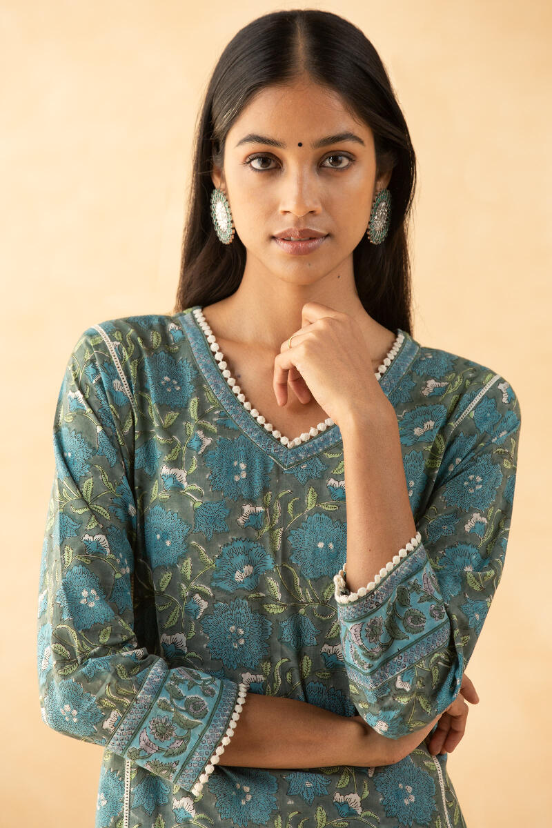 Grey Block Printed A-Line Cotton Kurta