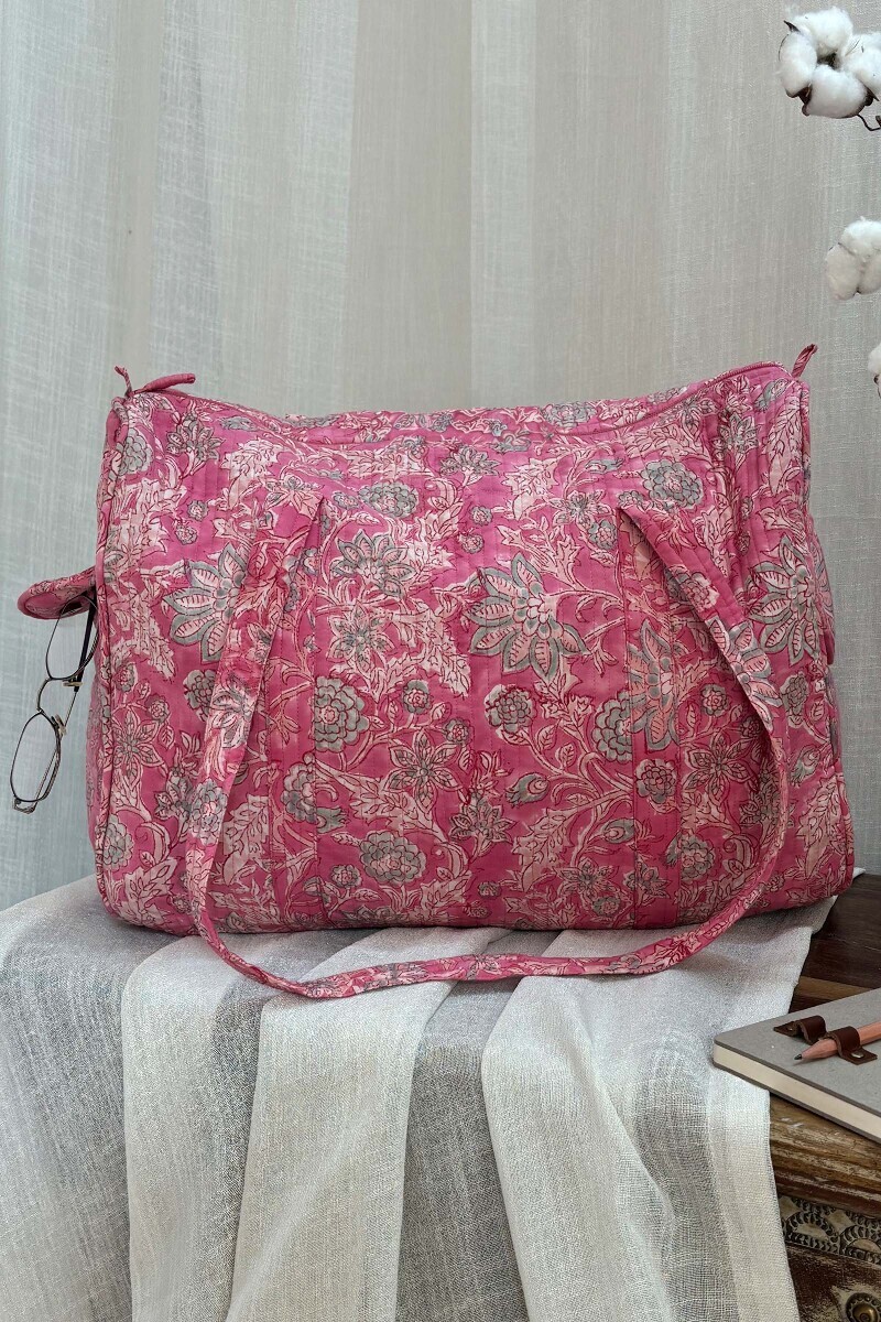 Pink Hand Block-Printed Cotton Duffel Bag