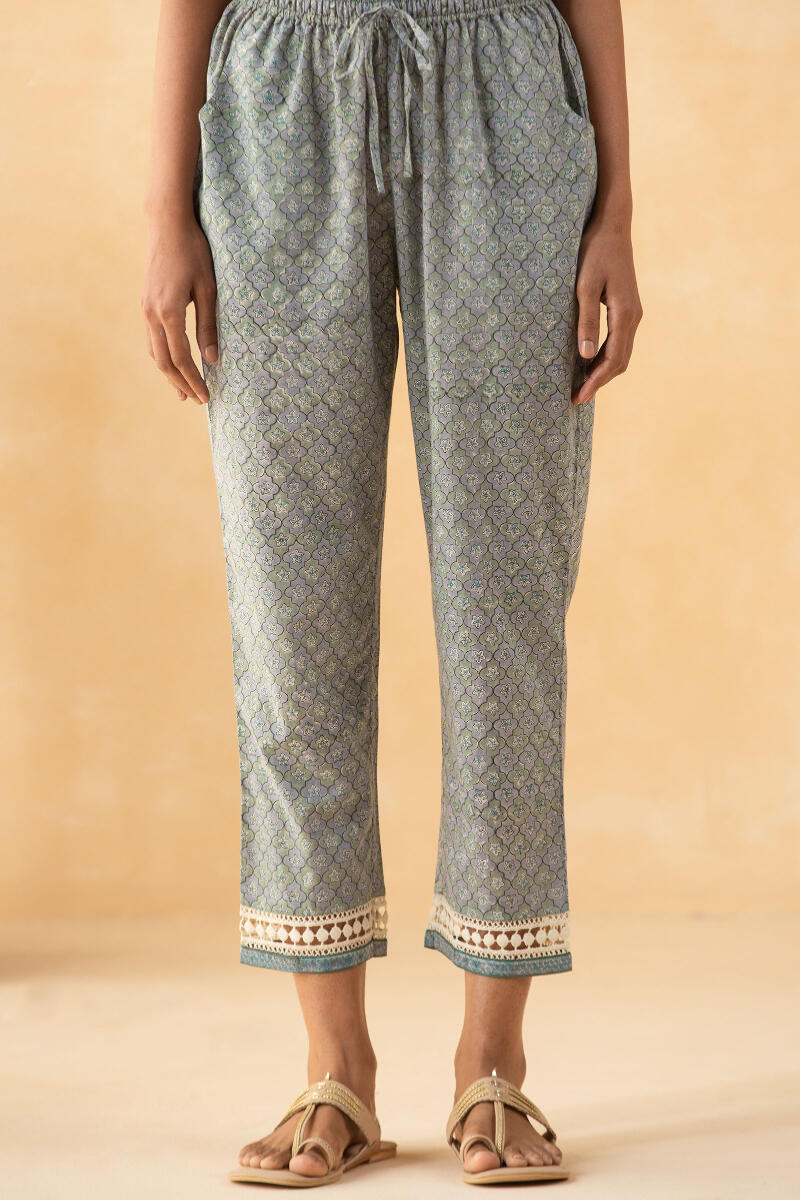 Grey Block Printed Cotton Narrow Pants