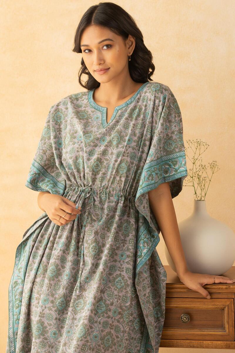 Grey Block Printed Cotton Kaftan