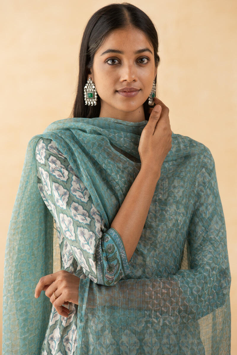 Blue Block Printed Kota Dupatta