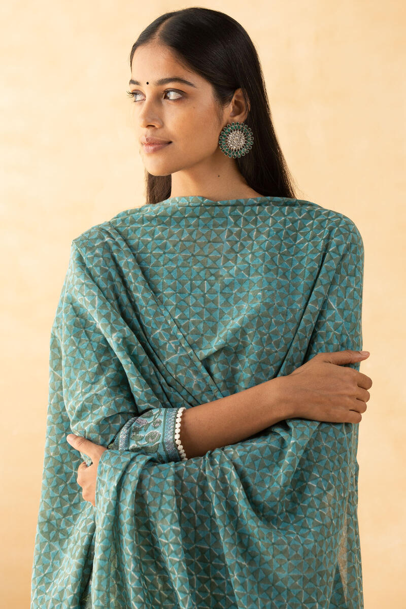 Grey Block Printed Cotton Dupatta