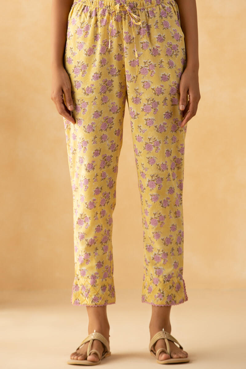 Yellow Block Printed Cotton Narrow Pants