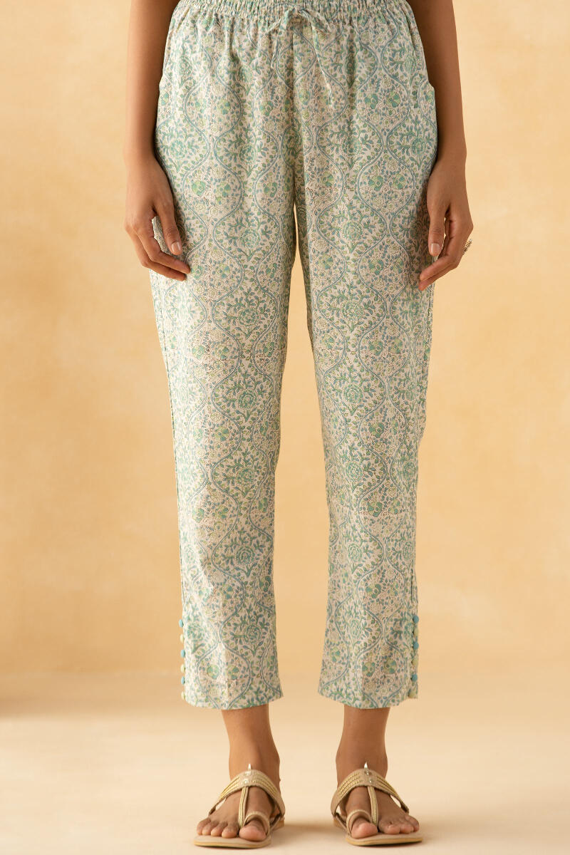 Blue Block Printed Cotton Narrow Pants