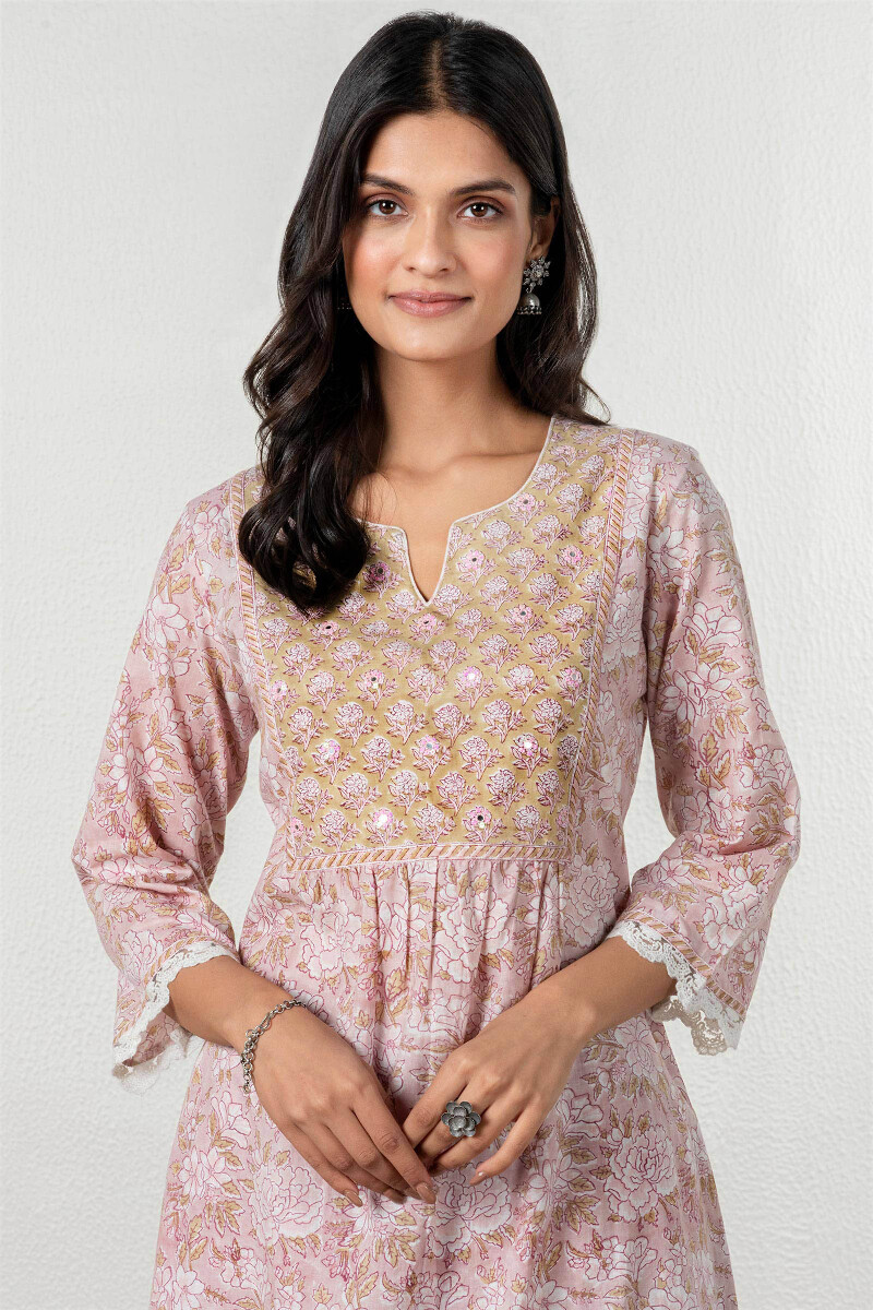 Brown Block Printed Straight Cotton Kurta