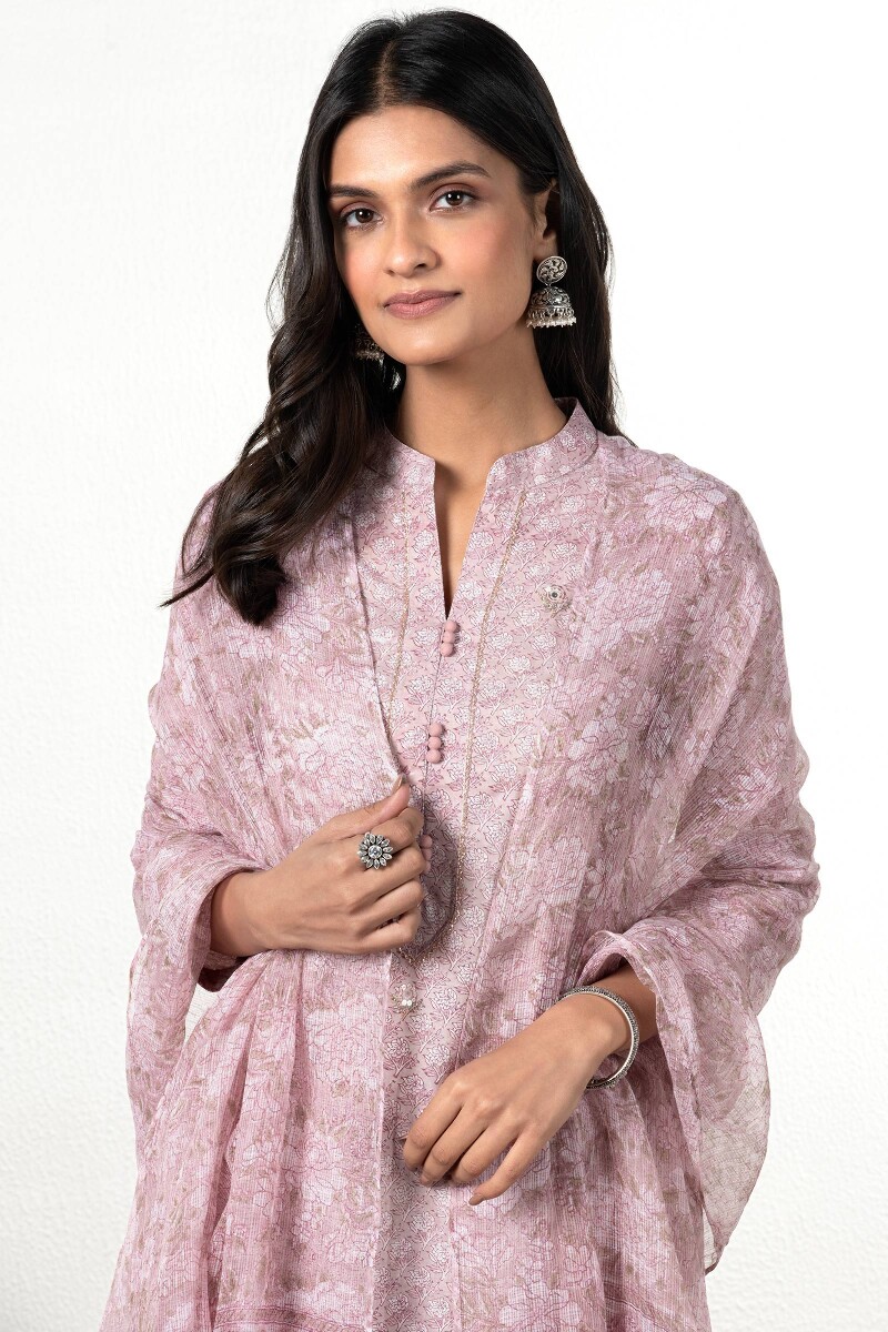 Pink Block Printed Kota Dupatta