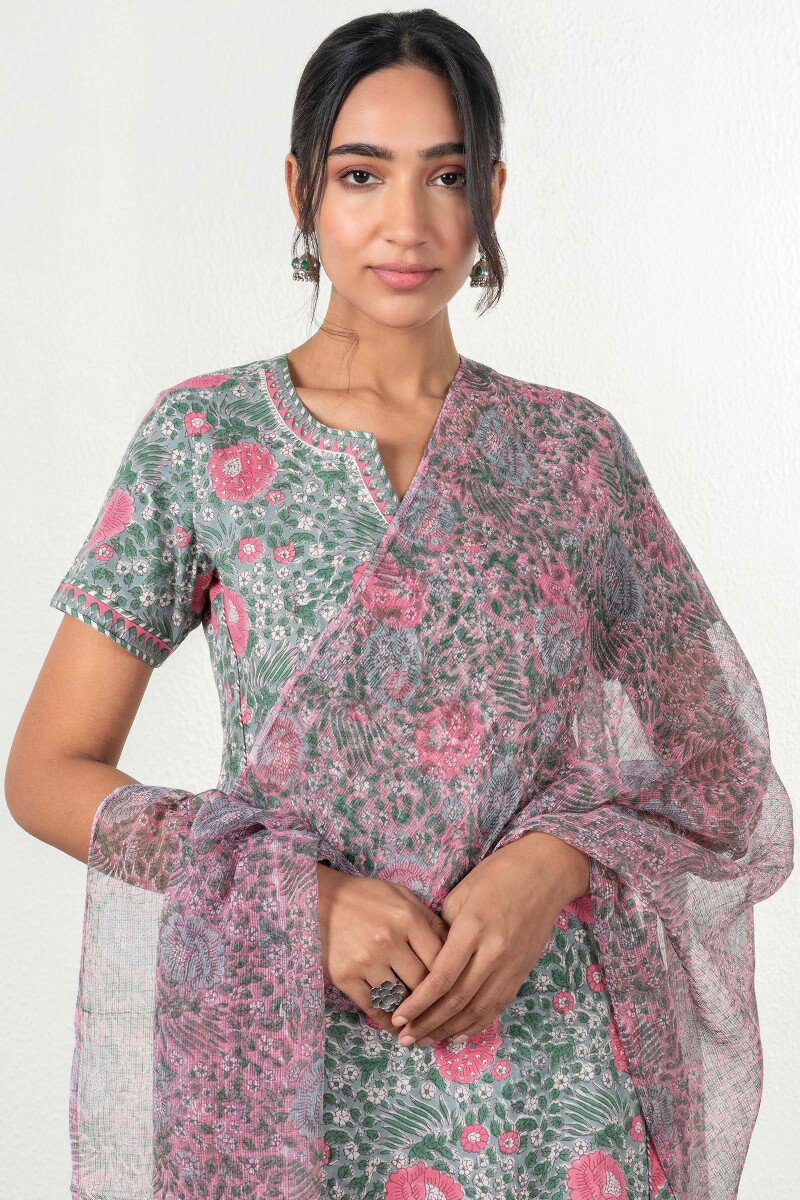 Pink Block Printed Kota Dupatta