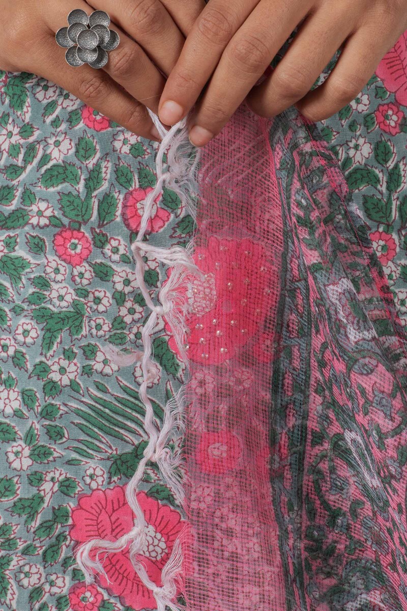 Pink Block Printed Kota Dupatta