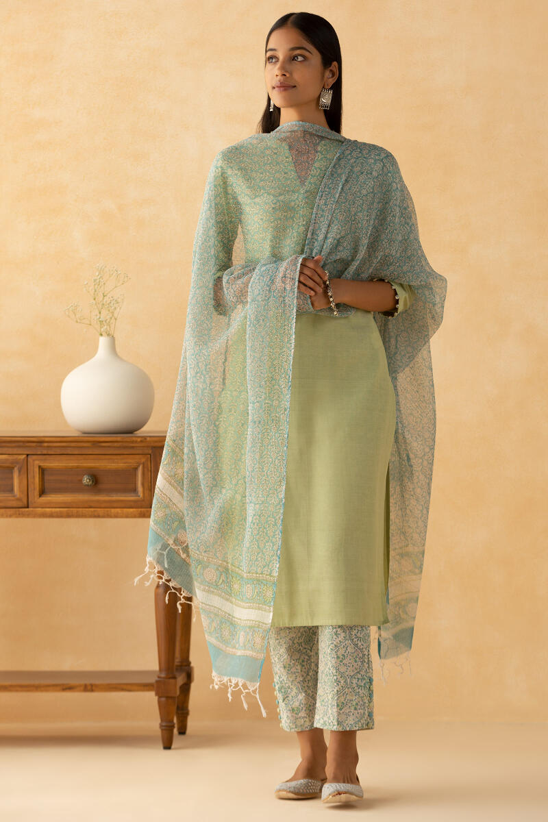 Blue Block Printed Kota Dupatta