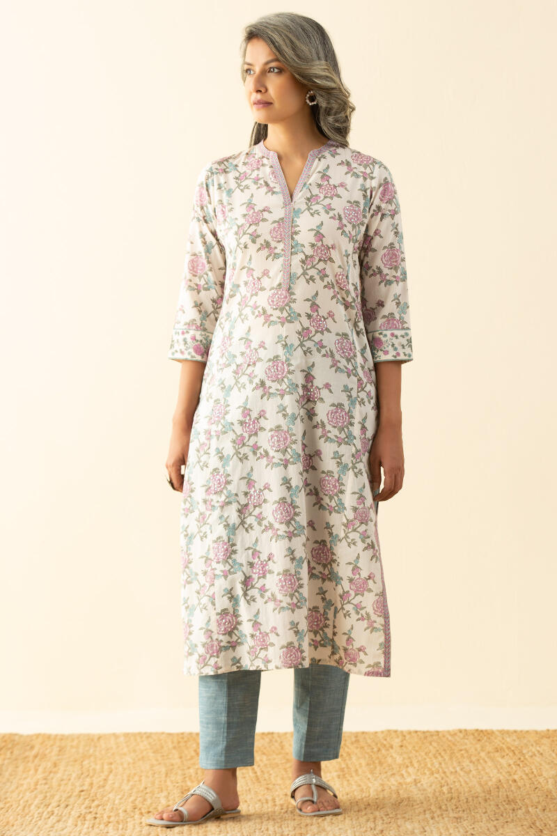 Off-White Block Printed Straight Cotton Kurta