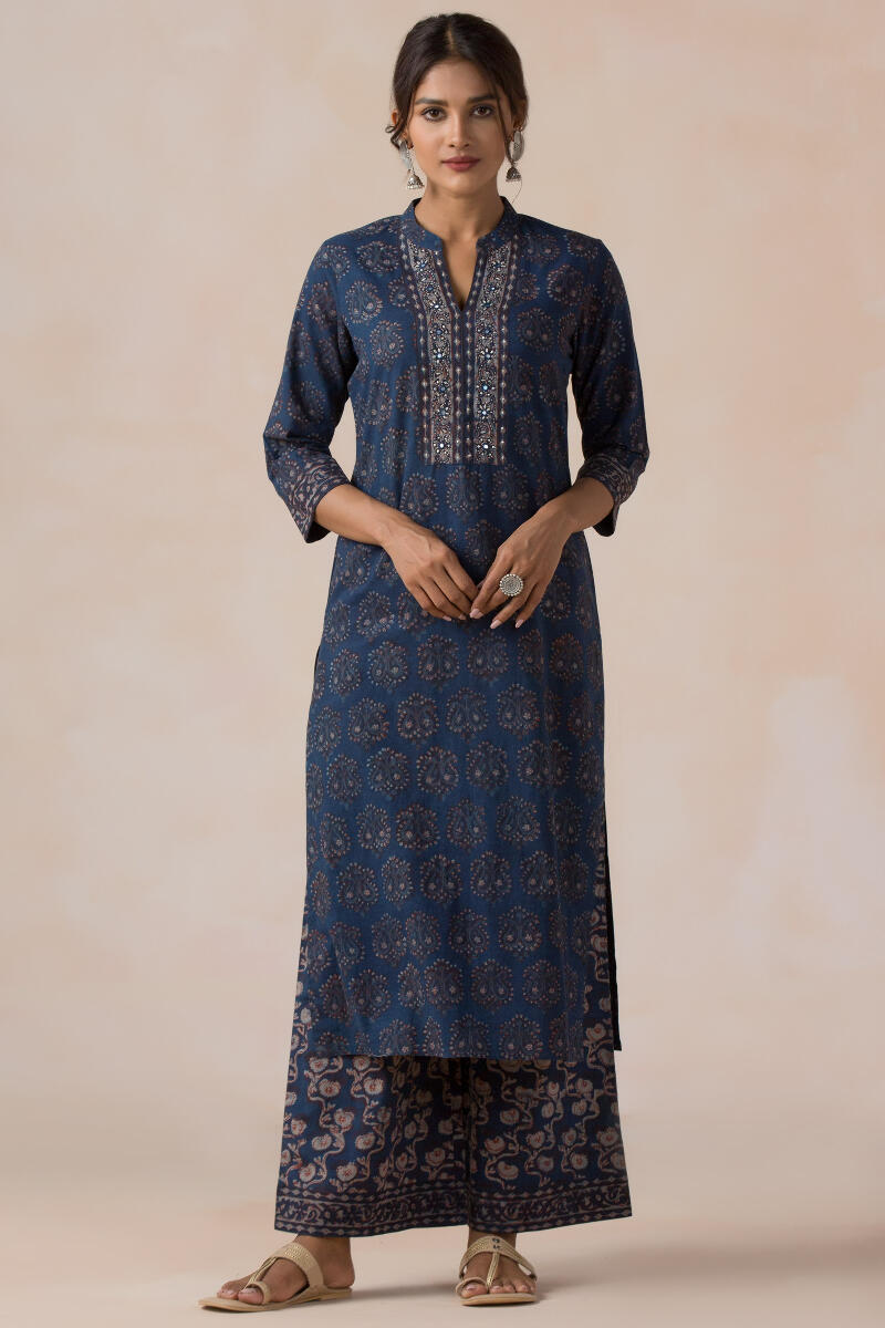 Indigo Block Printed Straight Cotton Kurta