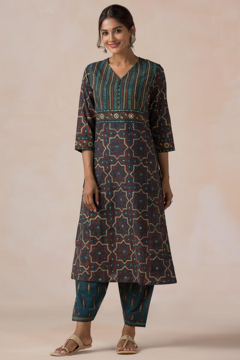 Maroon Block Printed Straight Cotton Kurta