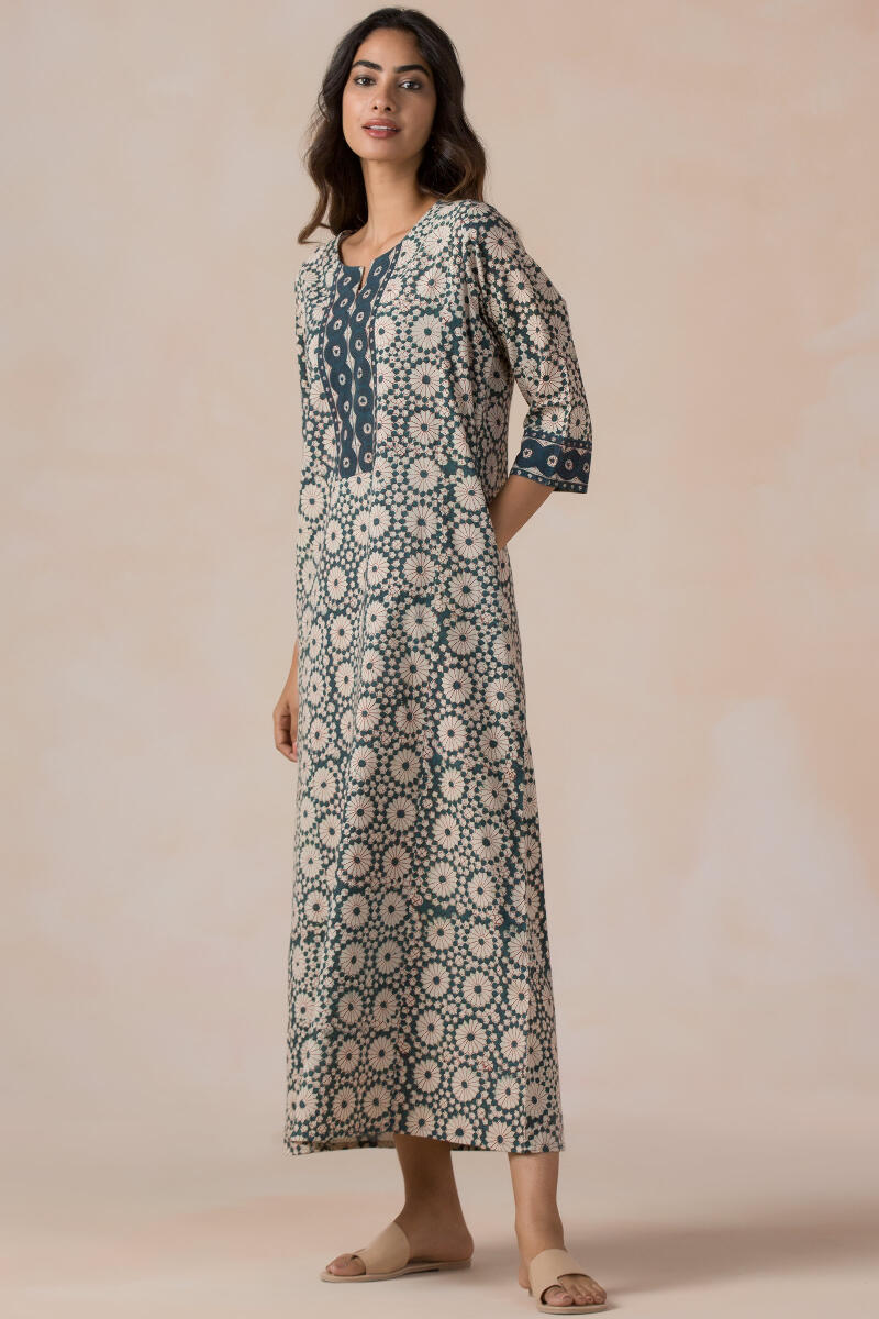 Green Block Printed Cotton Kaftan