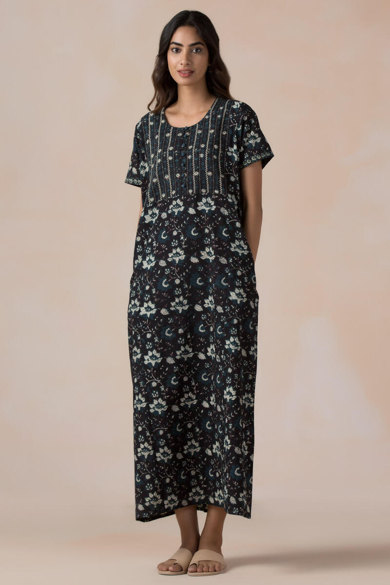 Black Block Printed Cotton Kaftan