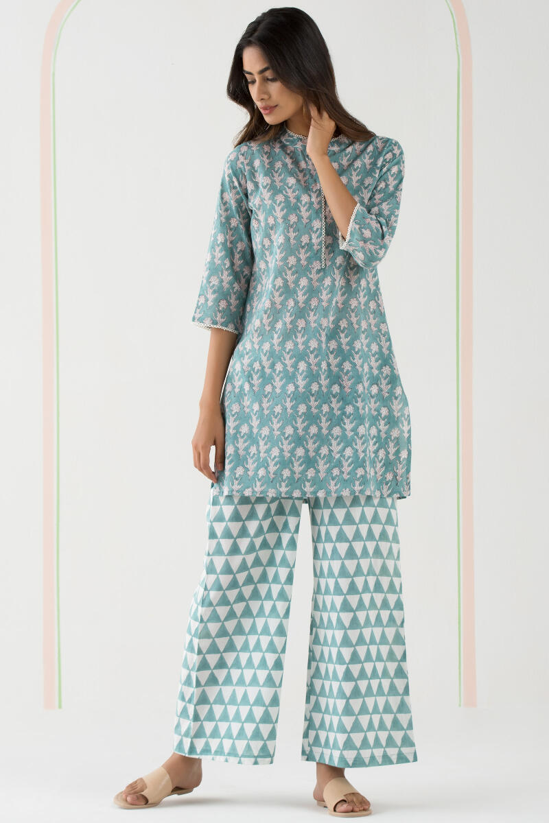 Blue Block Printed Cotton Pyjama Set