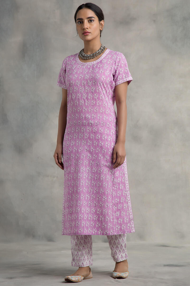 Pink Block Printed Straight Cotton Kurta