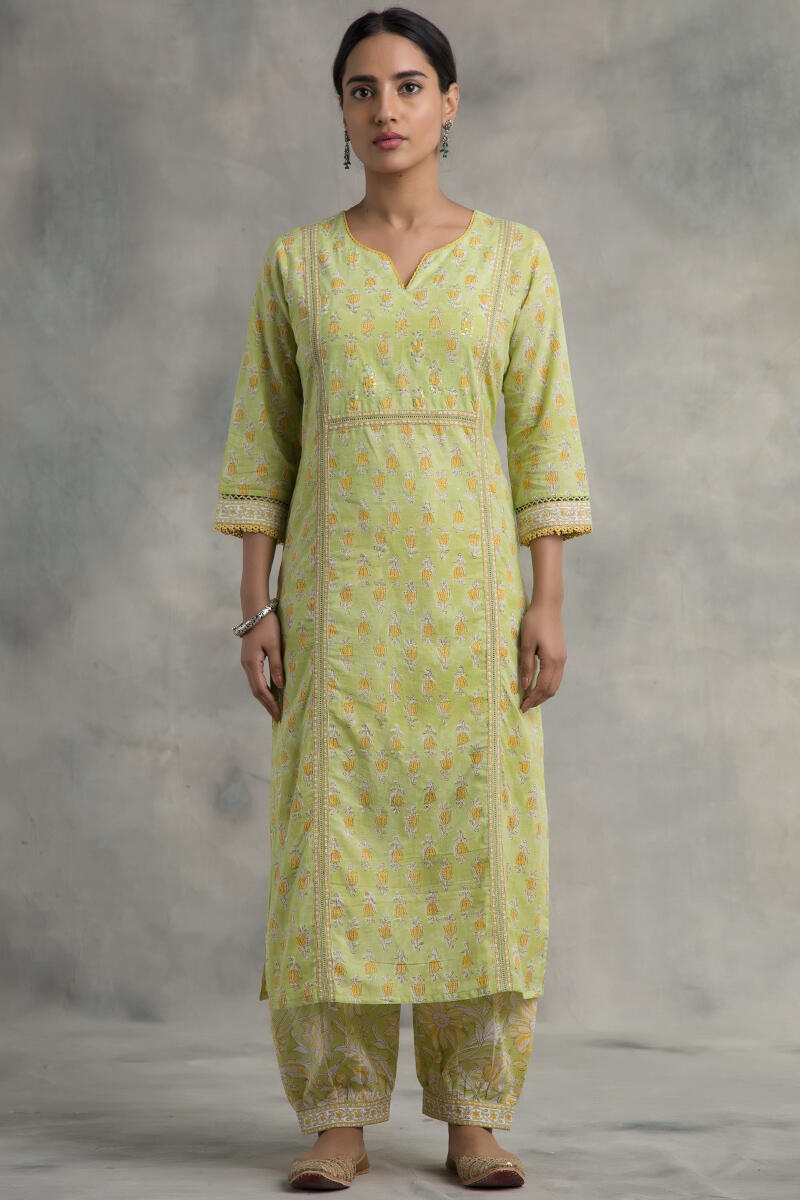 Green Block Printed Straight Cotton Kurta