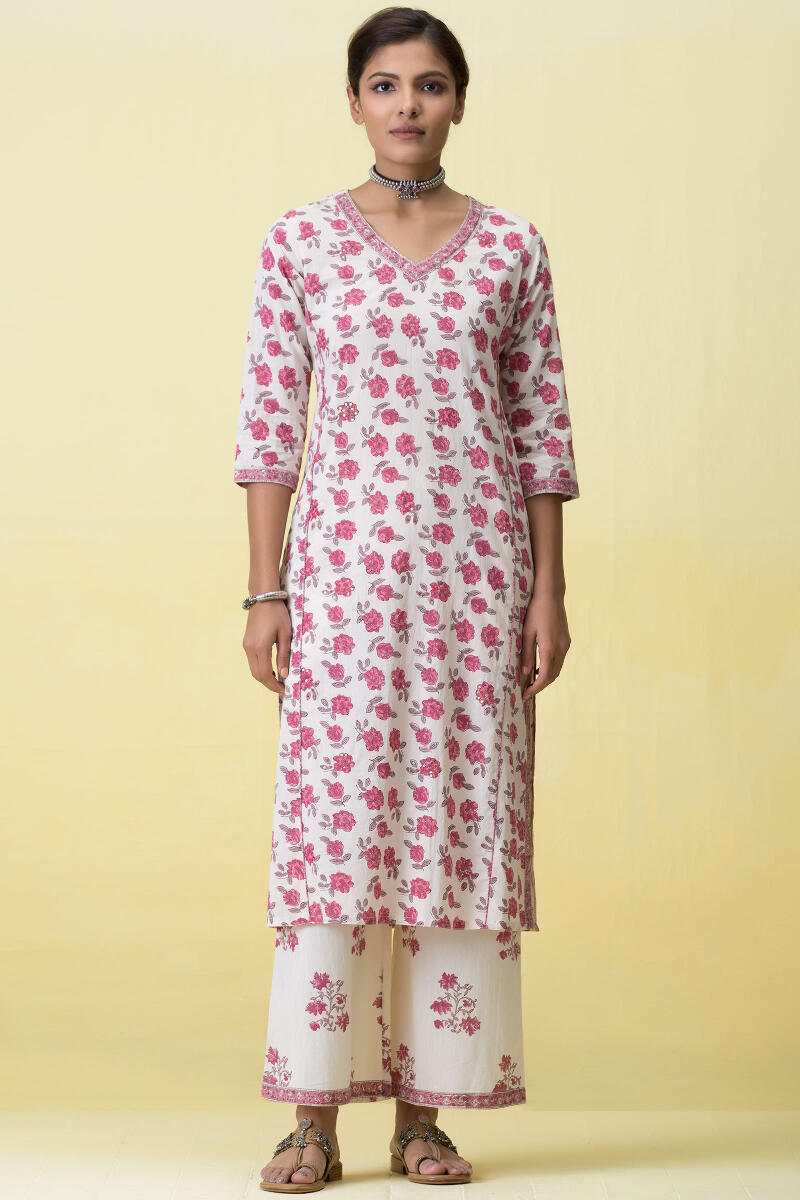 Pink Block Printed Straight Cotton Kurta